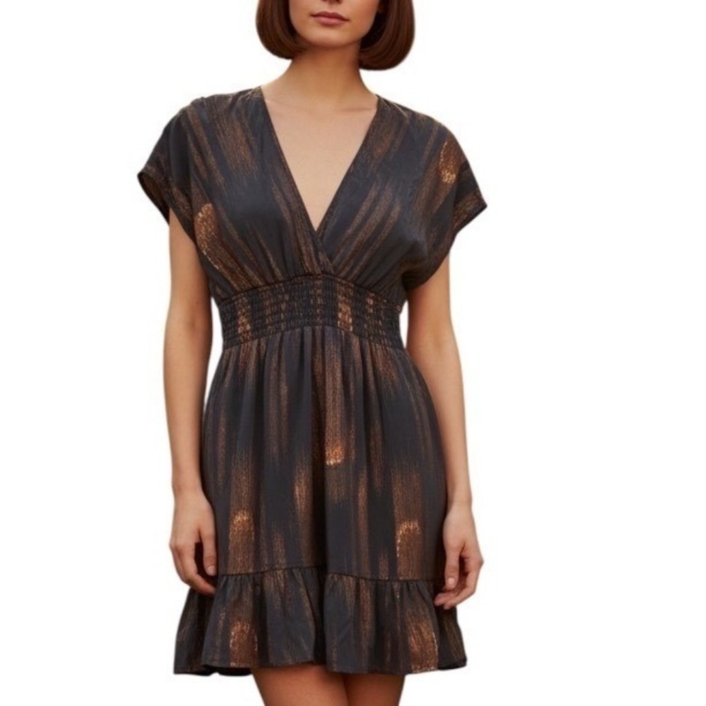 Akiko Metallic Babydoll Mini Dress Boho Cottagecore Shimmer Glam Bronze Size S
